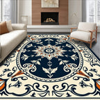Ornate Navy Cream Coral Floral Oval Rug