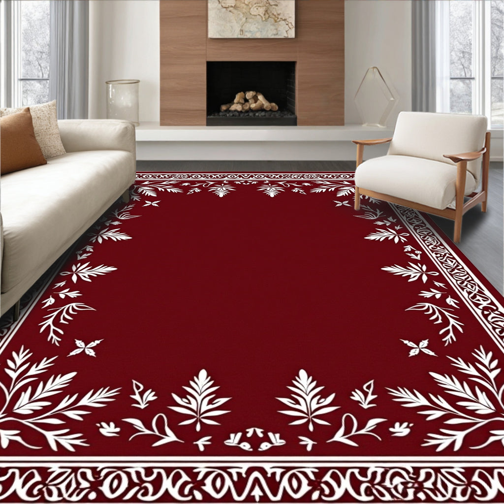Crimson White Floral Botanical Border Rug