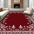 Crimson White Floral Botanical Border Rug