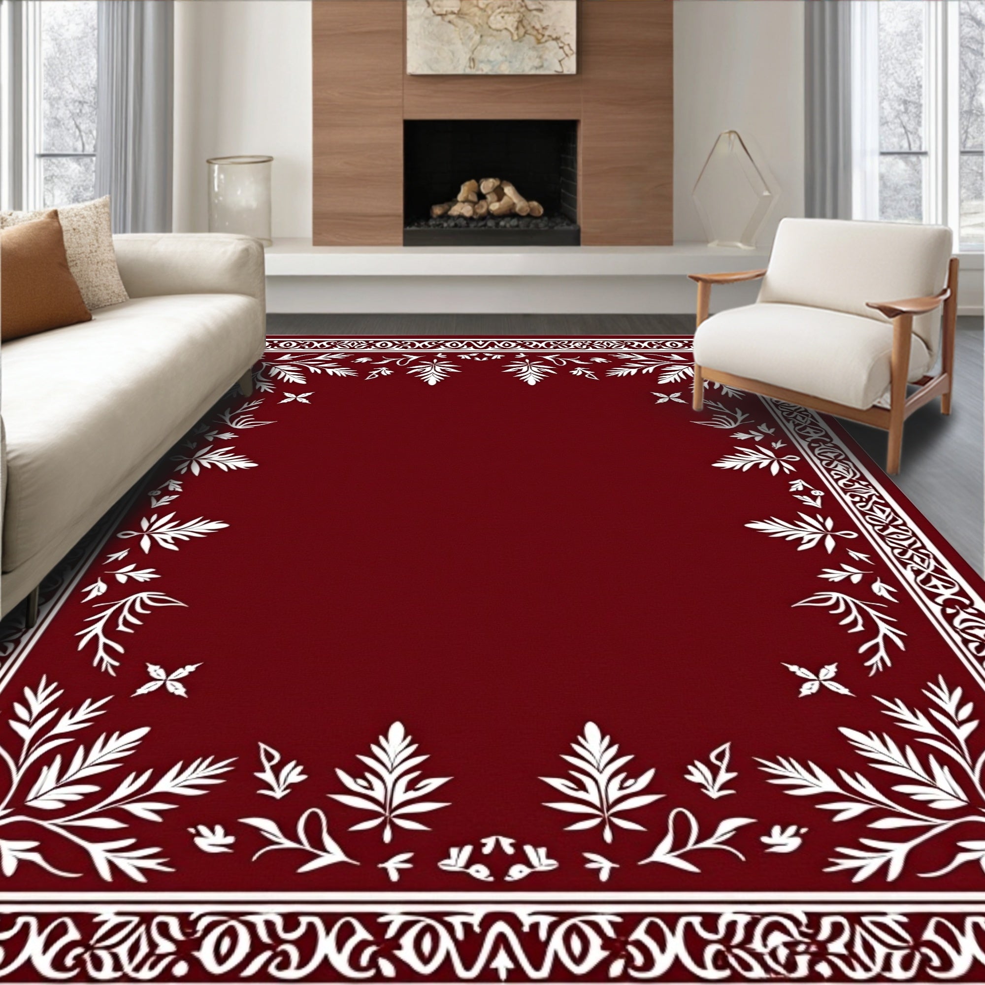 Crimson White Floral Botanical Border Rug