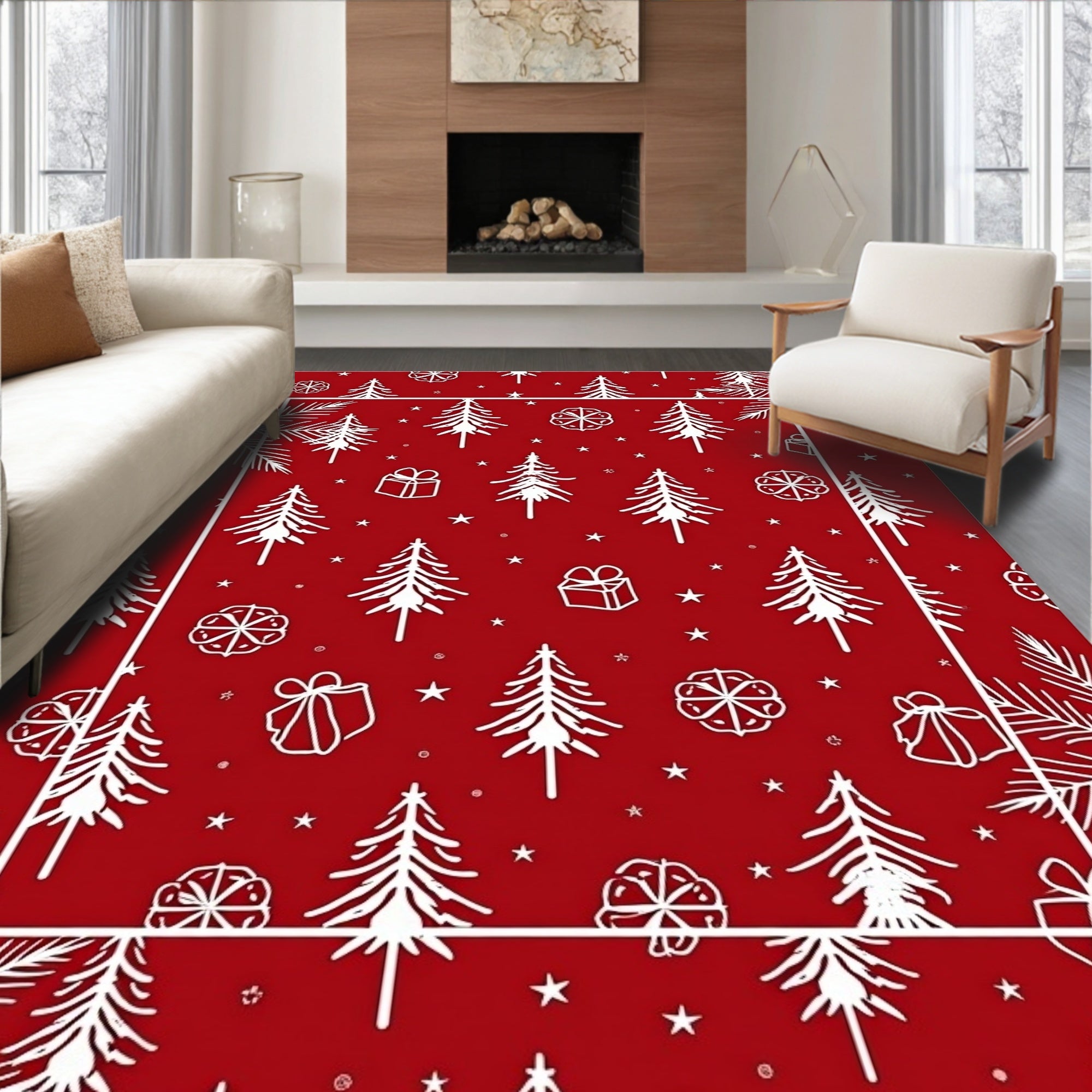 Red White Christmas Tree Gift Snowflakes Rug