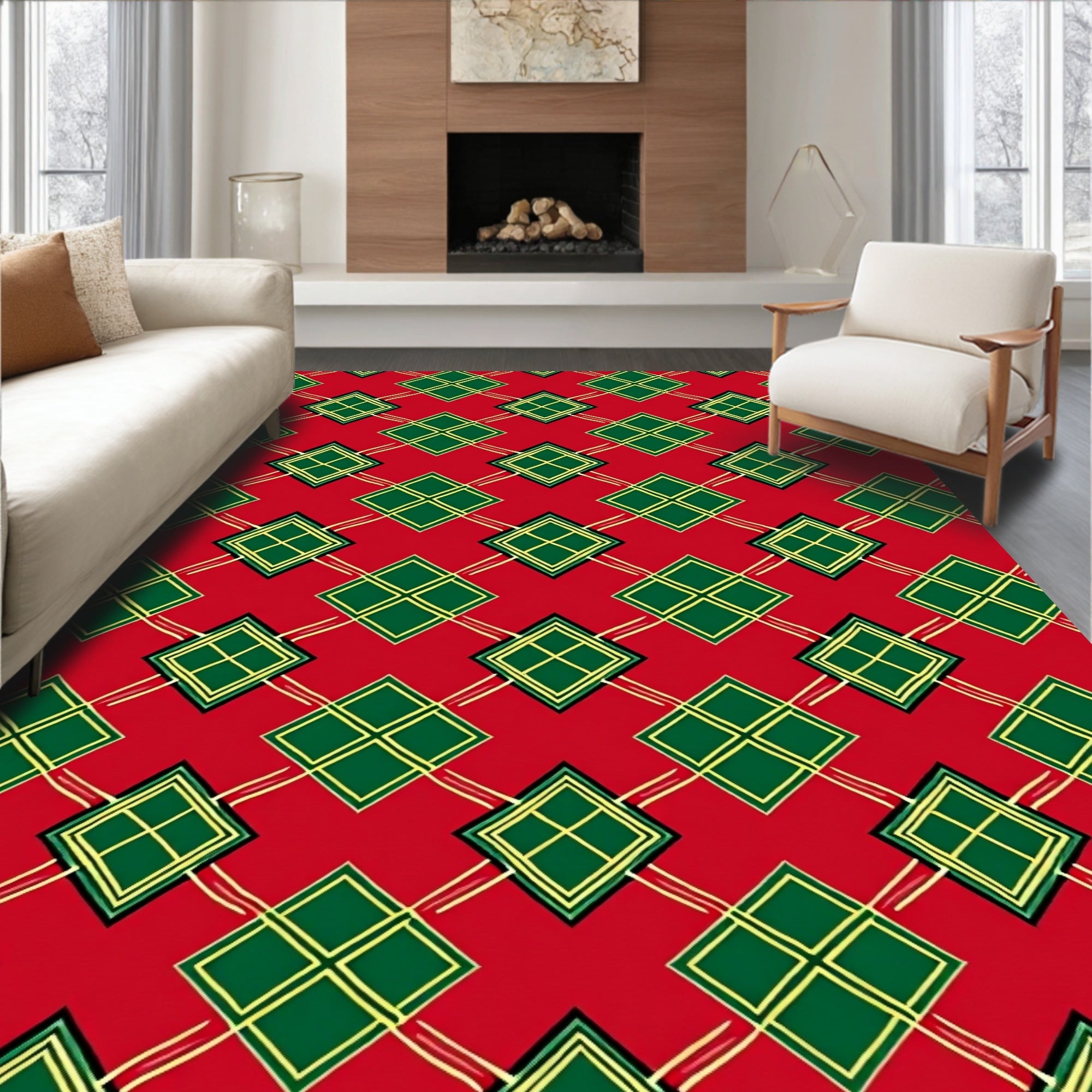 Classic Red Green Diamond Lattice Rug