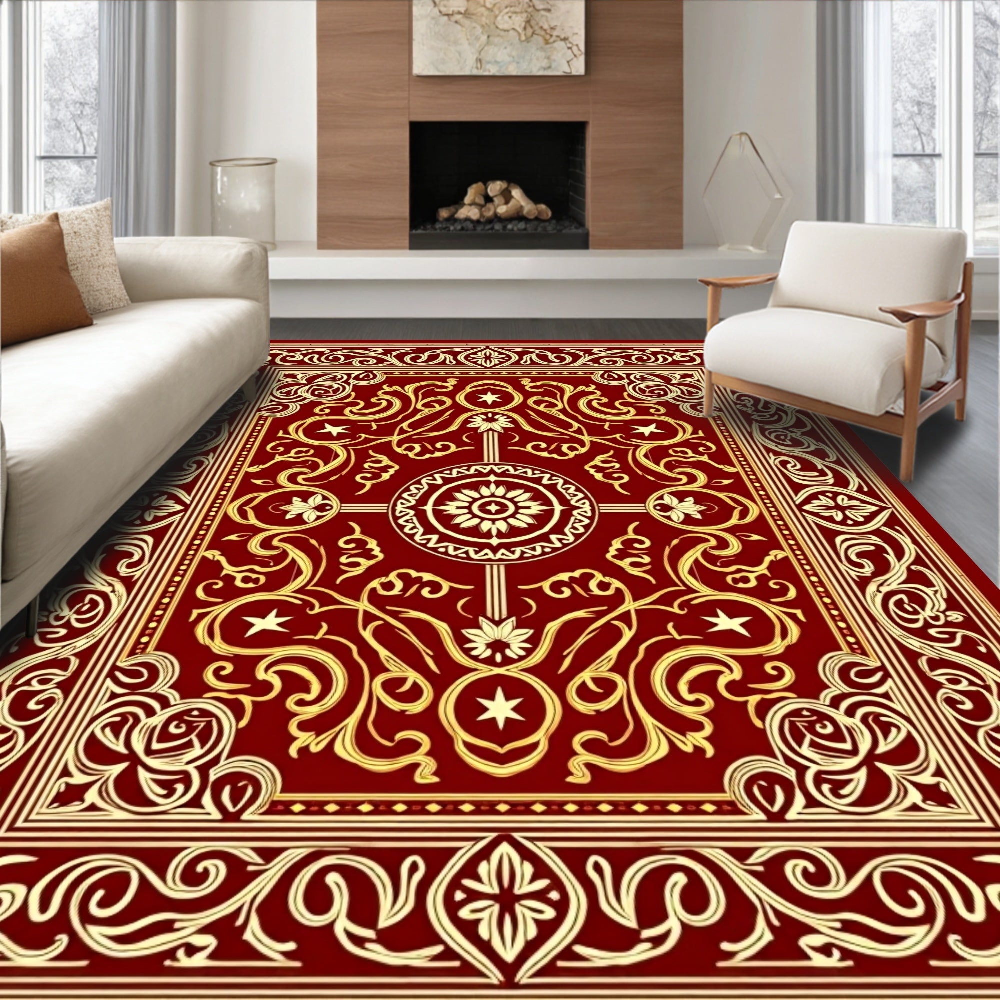 Rich Crimson Gold Scrolling Vine Rug