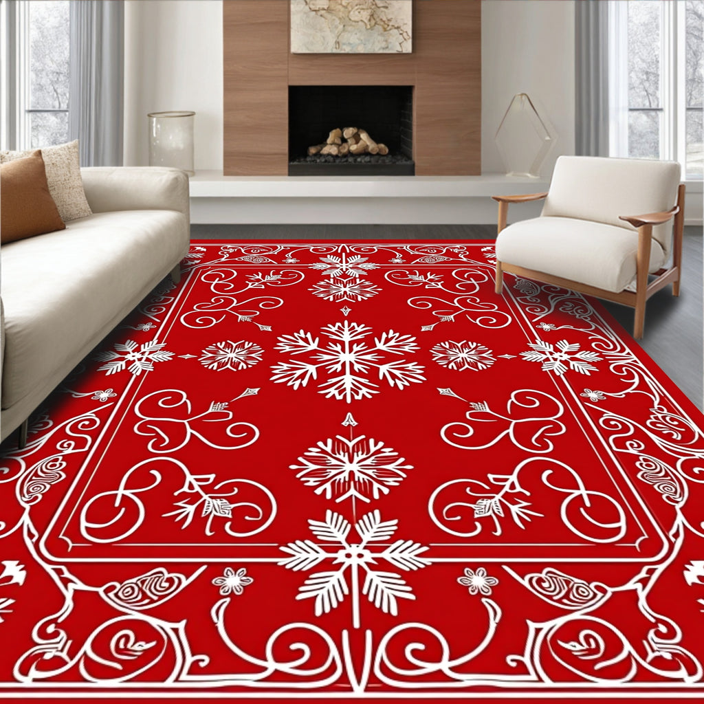 Crimson Snowflake Scrollwork Frame Rug