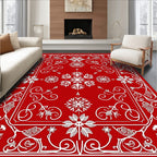 Crimson Snowflake Scrollwork Frame Rug