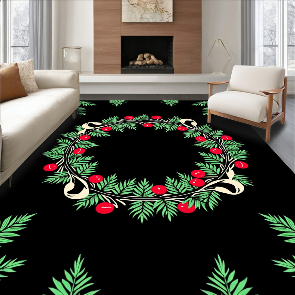 Festive Green Berry Laurel Ribbon Wreath Rug
