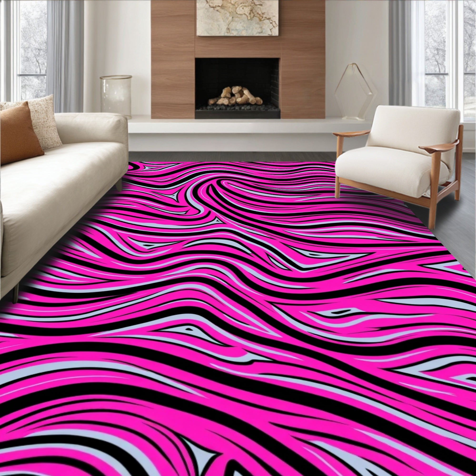 Vibrant Pink Black Swirl Stripes Rug