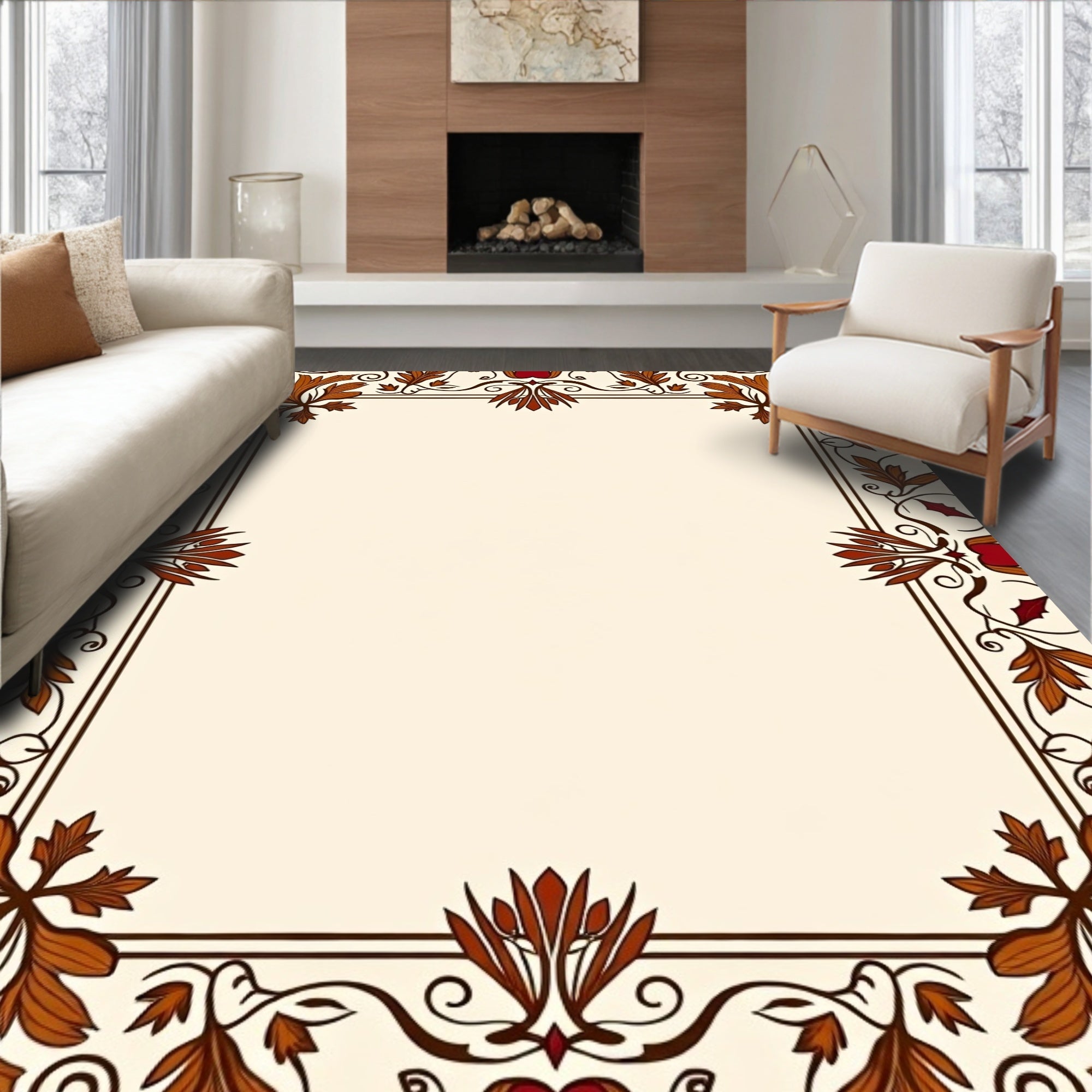 Foliage Wreath Red Brown Border Rug