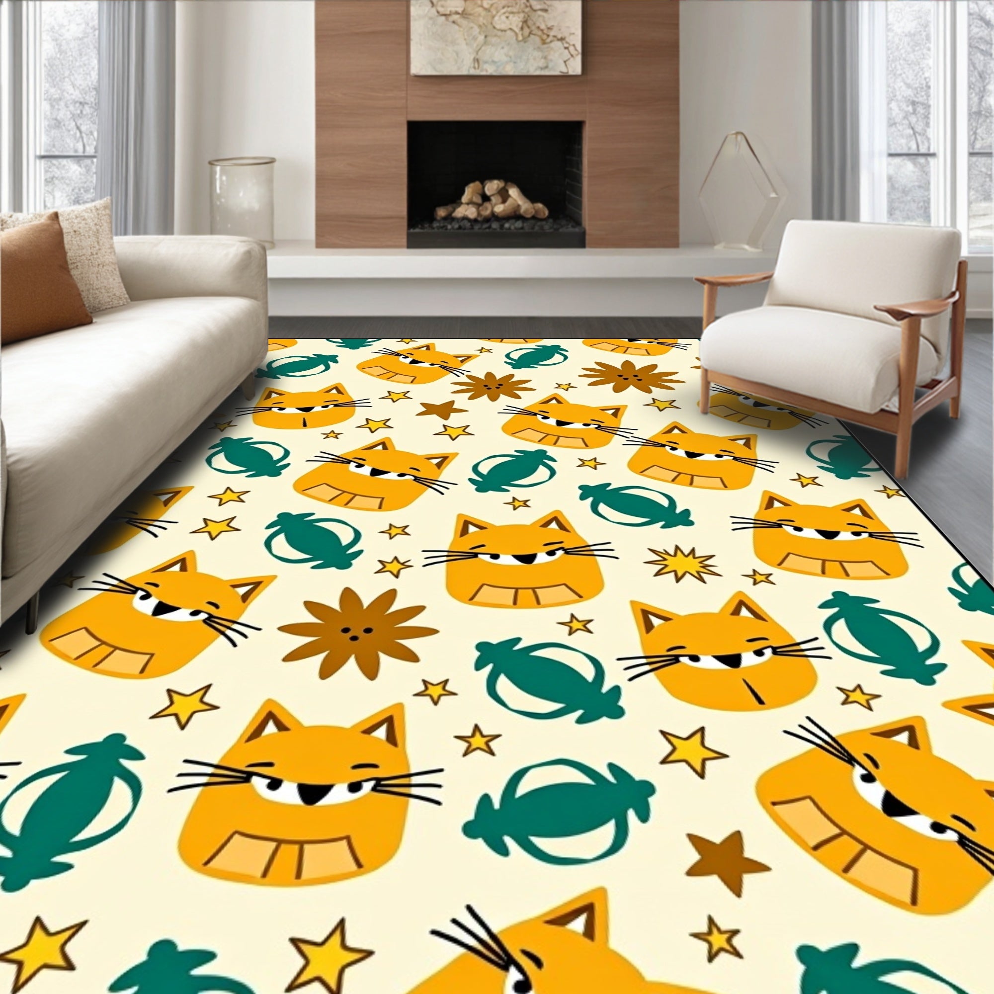 Whimsical Orange Cat Starburst Scattered Rug