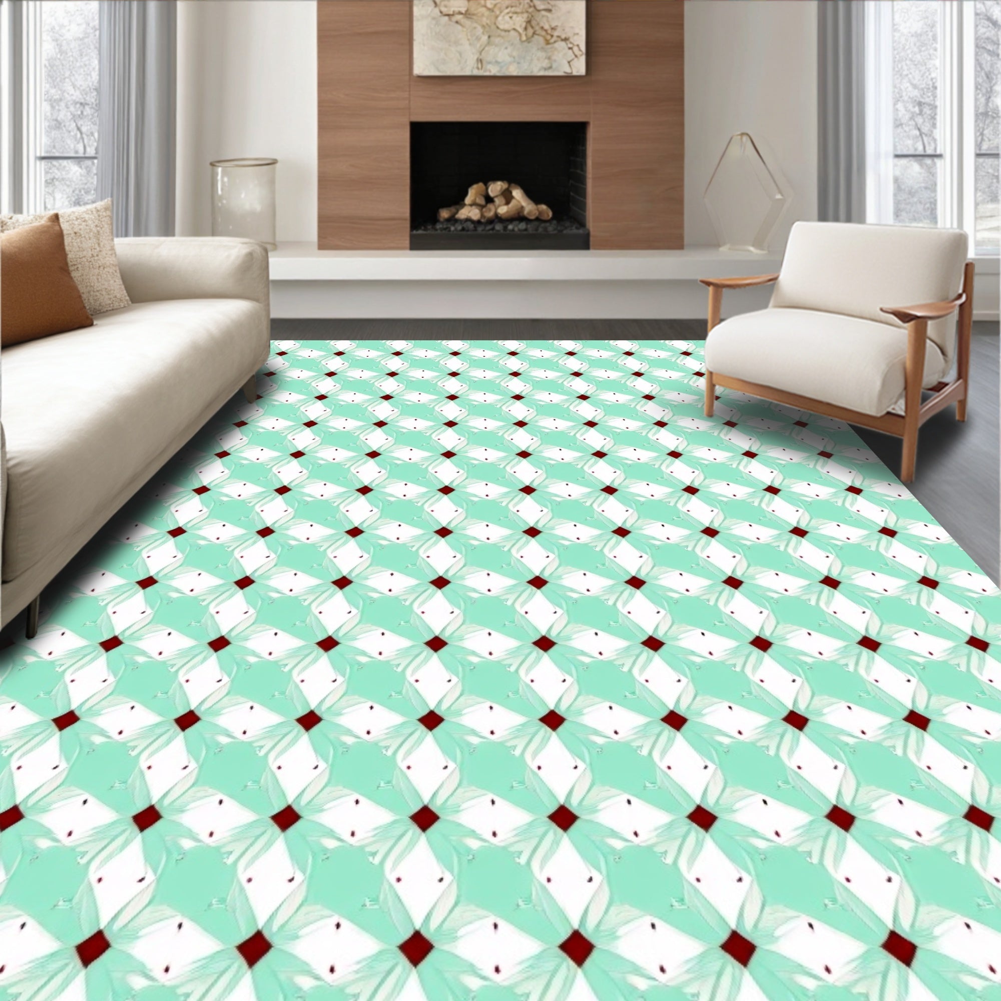 Aqua White Crimson Diamond Lattice Rug