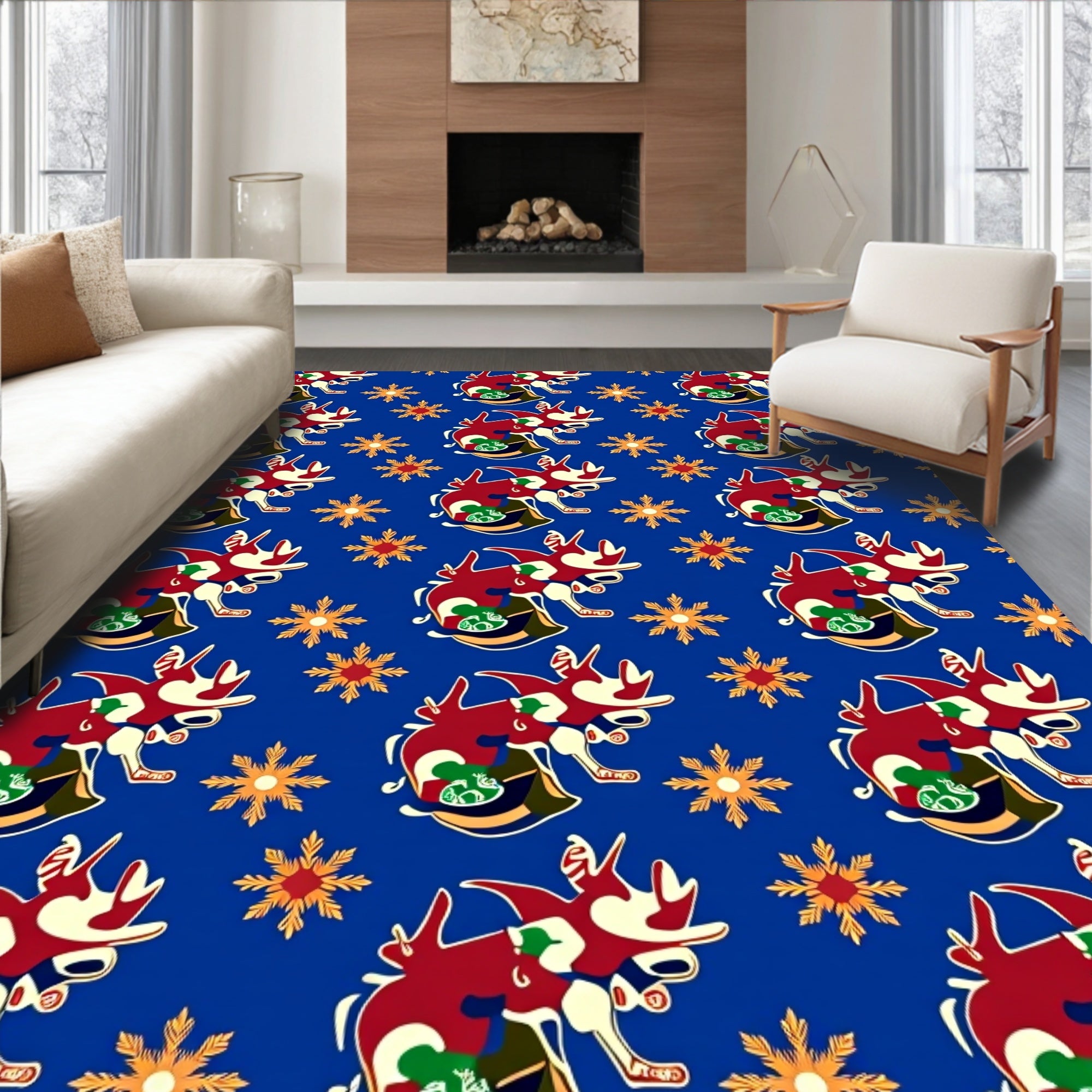Red White Dragon Blue Floral Rug