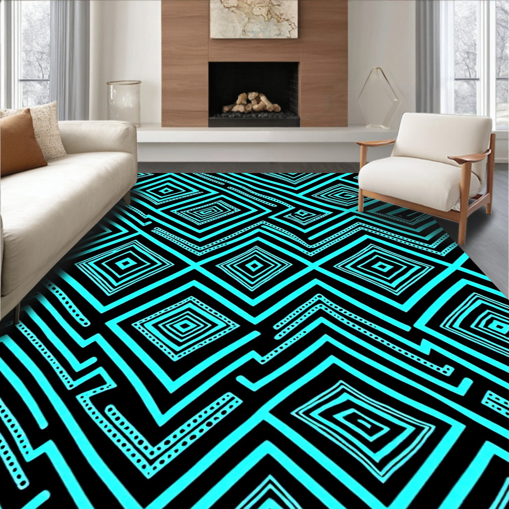 Vibrant Turquoise Geometric Diamond Zigzag Rug