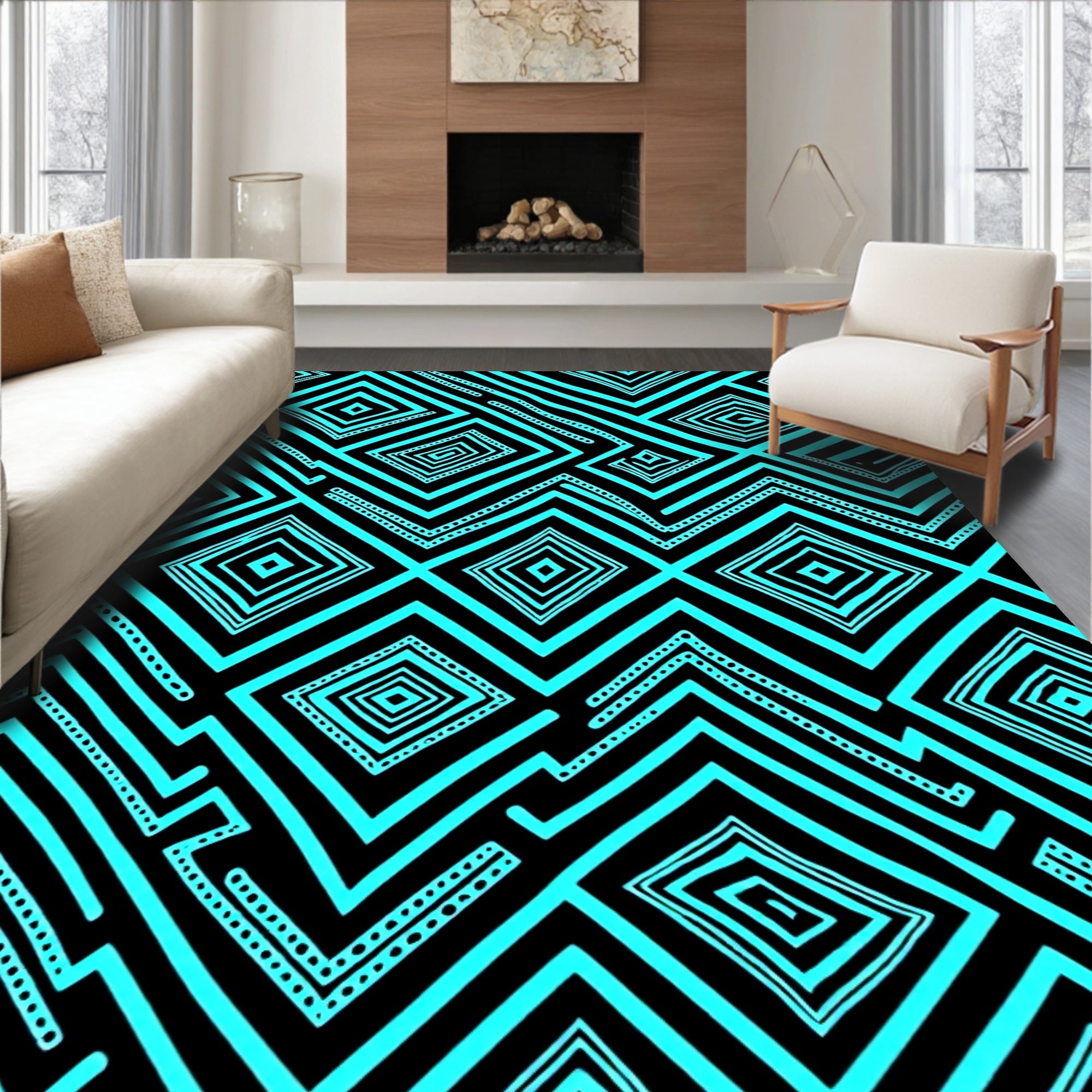 Vibrant Turquoise Geometric Diamond Zigzag Rug