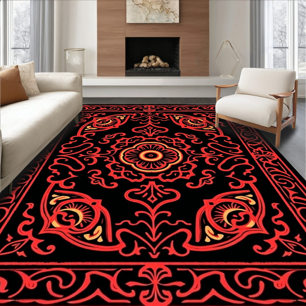 Crimson Black Ornate Floral Medallion Rug