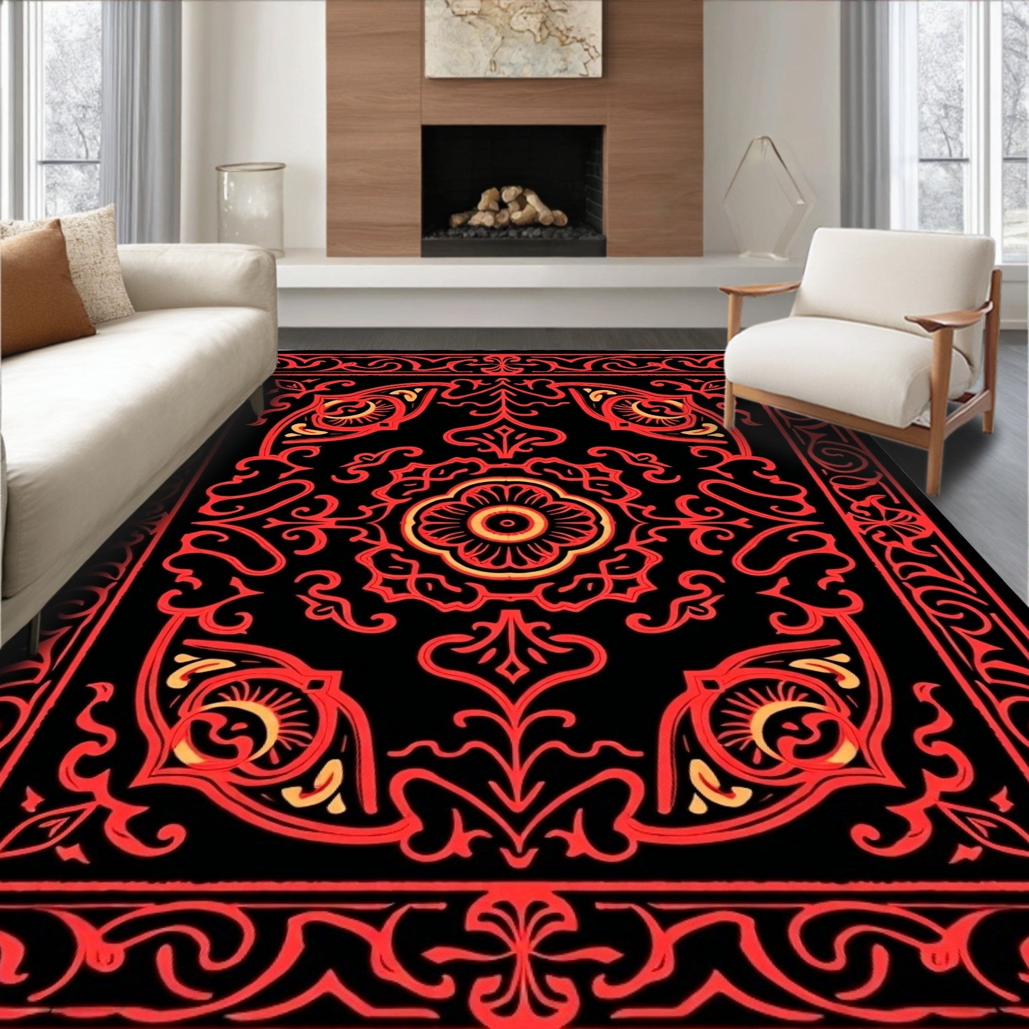 Crimson Black Ornate Floral Medallion Rug