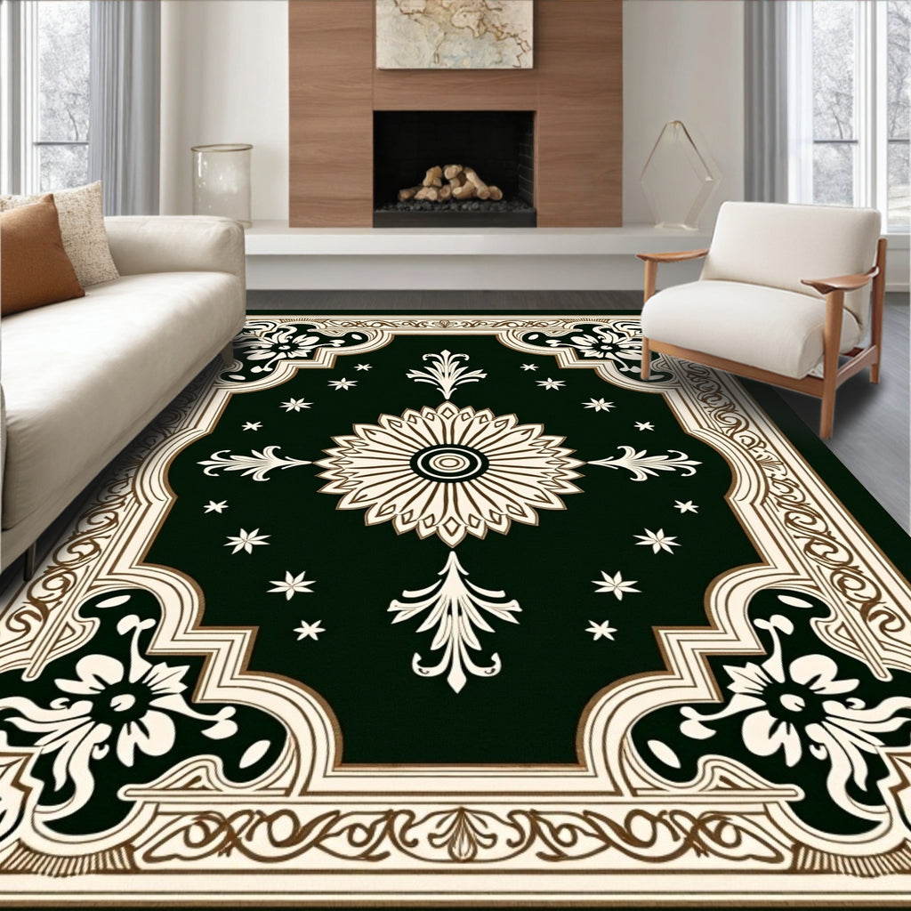 Dark Green Floral Medallion Border Rug