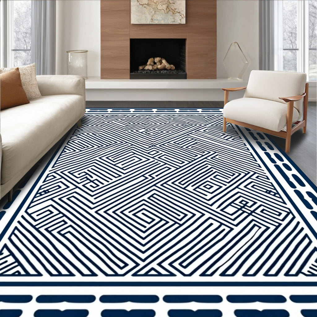 Navy White Maze Labyrinth Geometric Rug