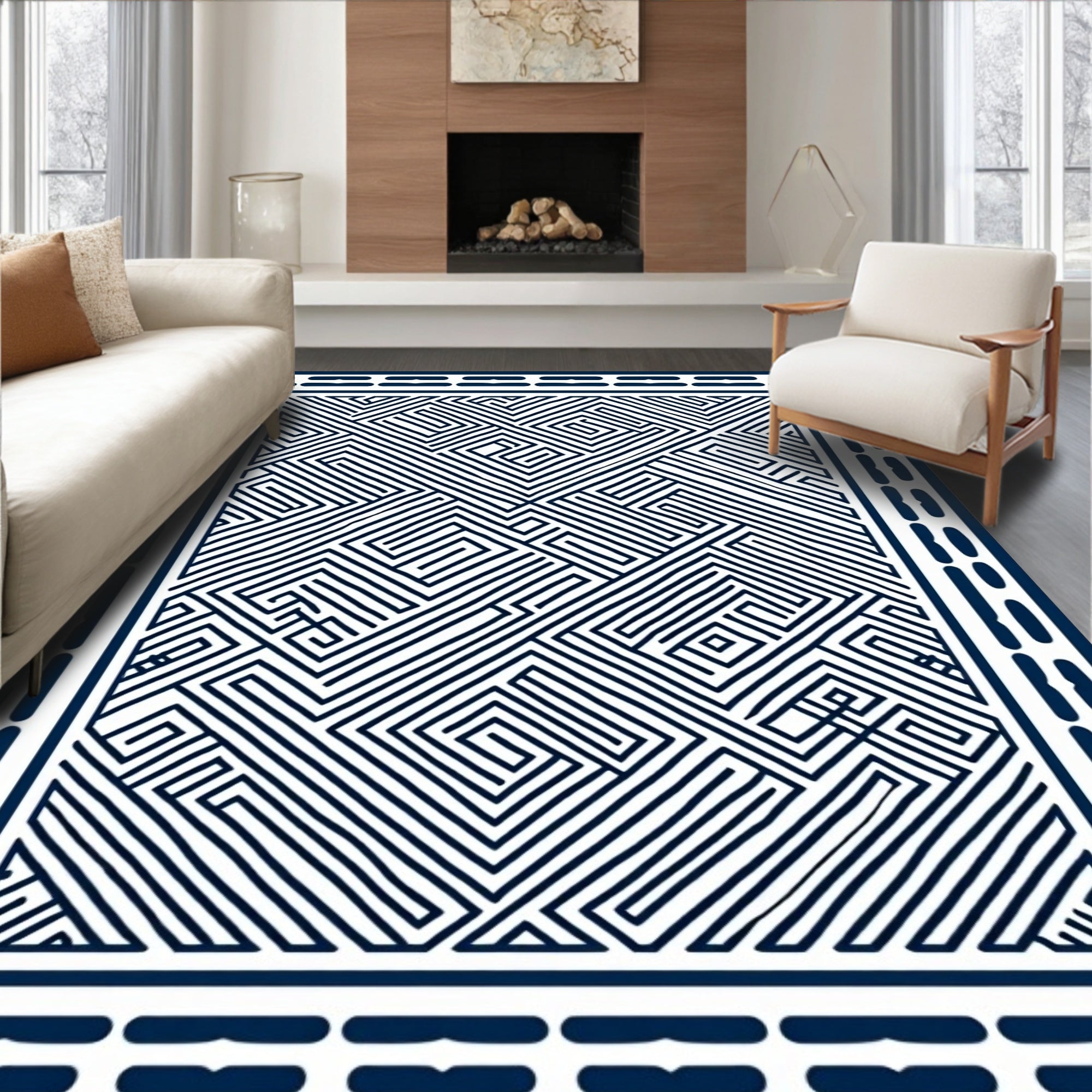 Navy White Maze Labyrinth Geometric Rug