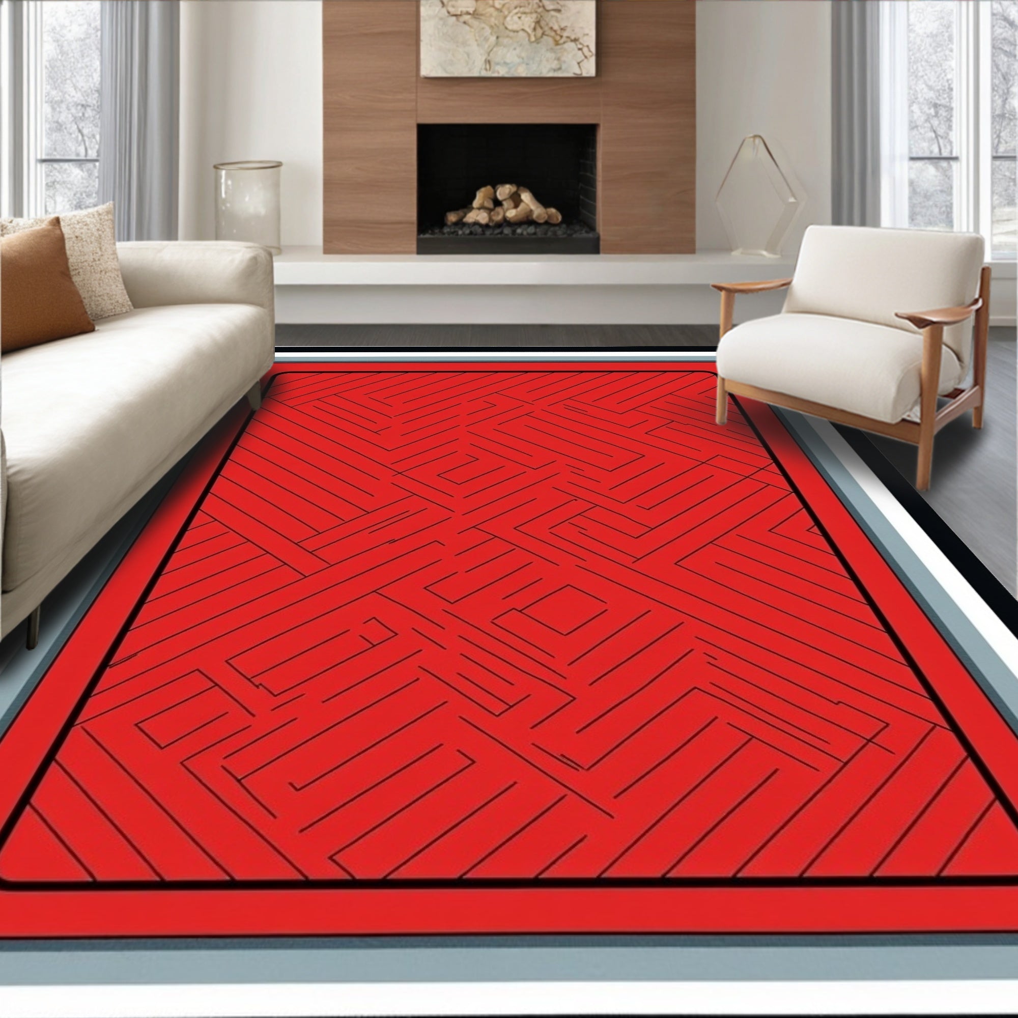 Bold Red Maze Geometric Rug