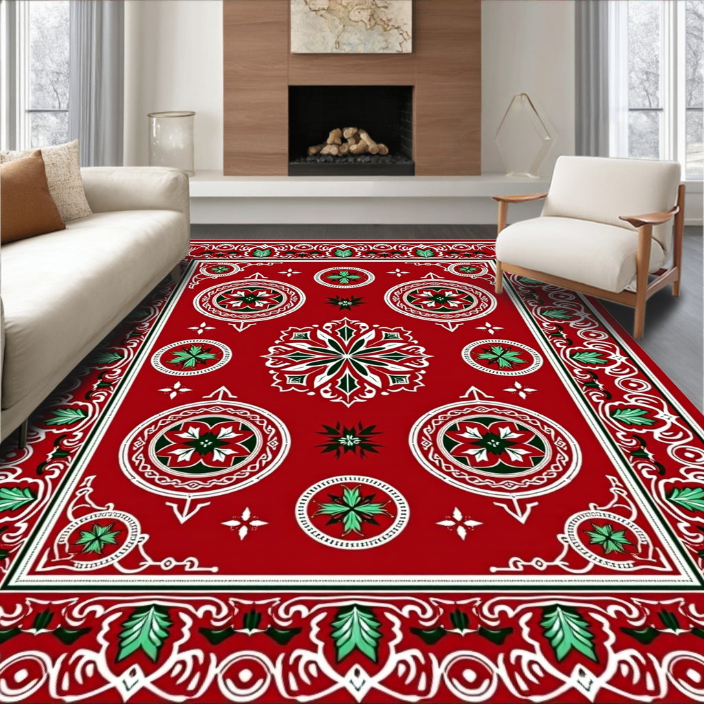 Crimson White Green Medallion Mandala Rug