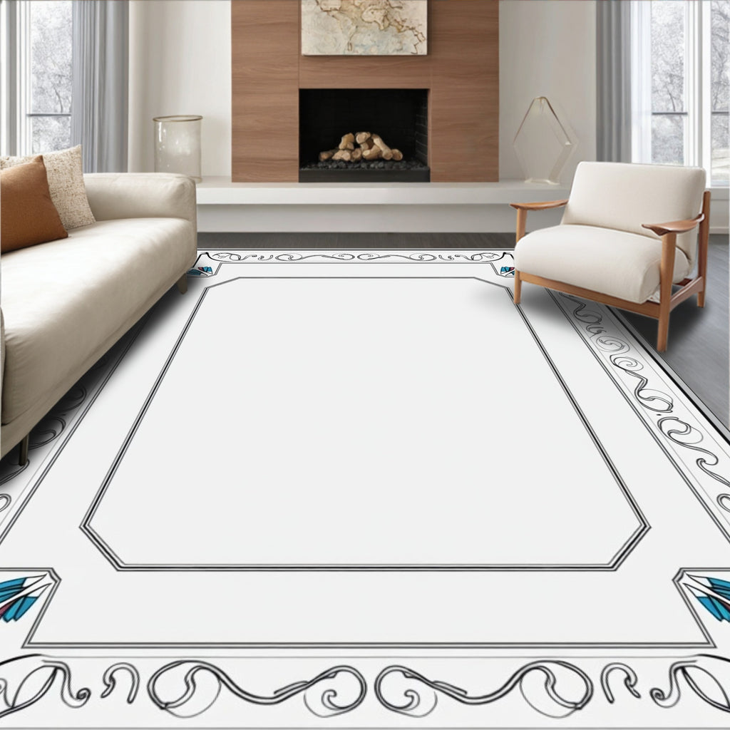 Art Nouveau Teal Yellow Floral Border Rug
