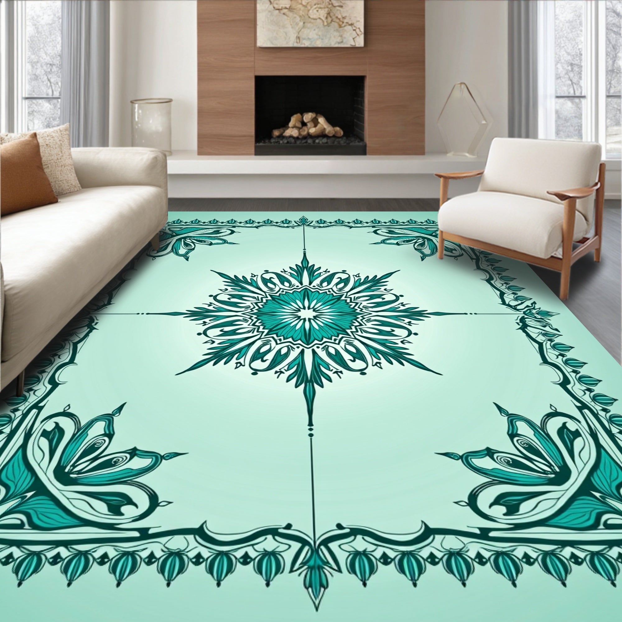 Teal Medallion Jewel Border Rug