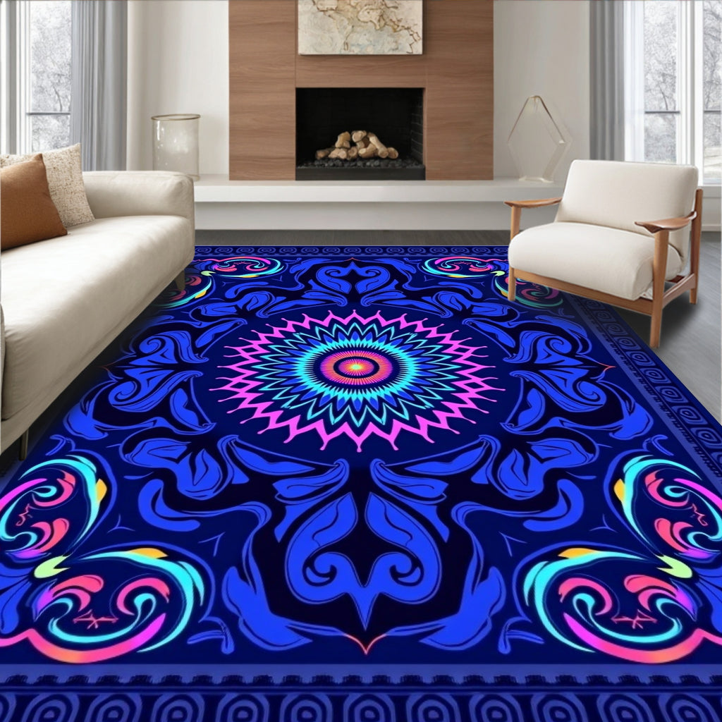 Vibrant Neon Blue Floral Mandala Rug