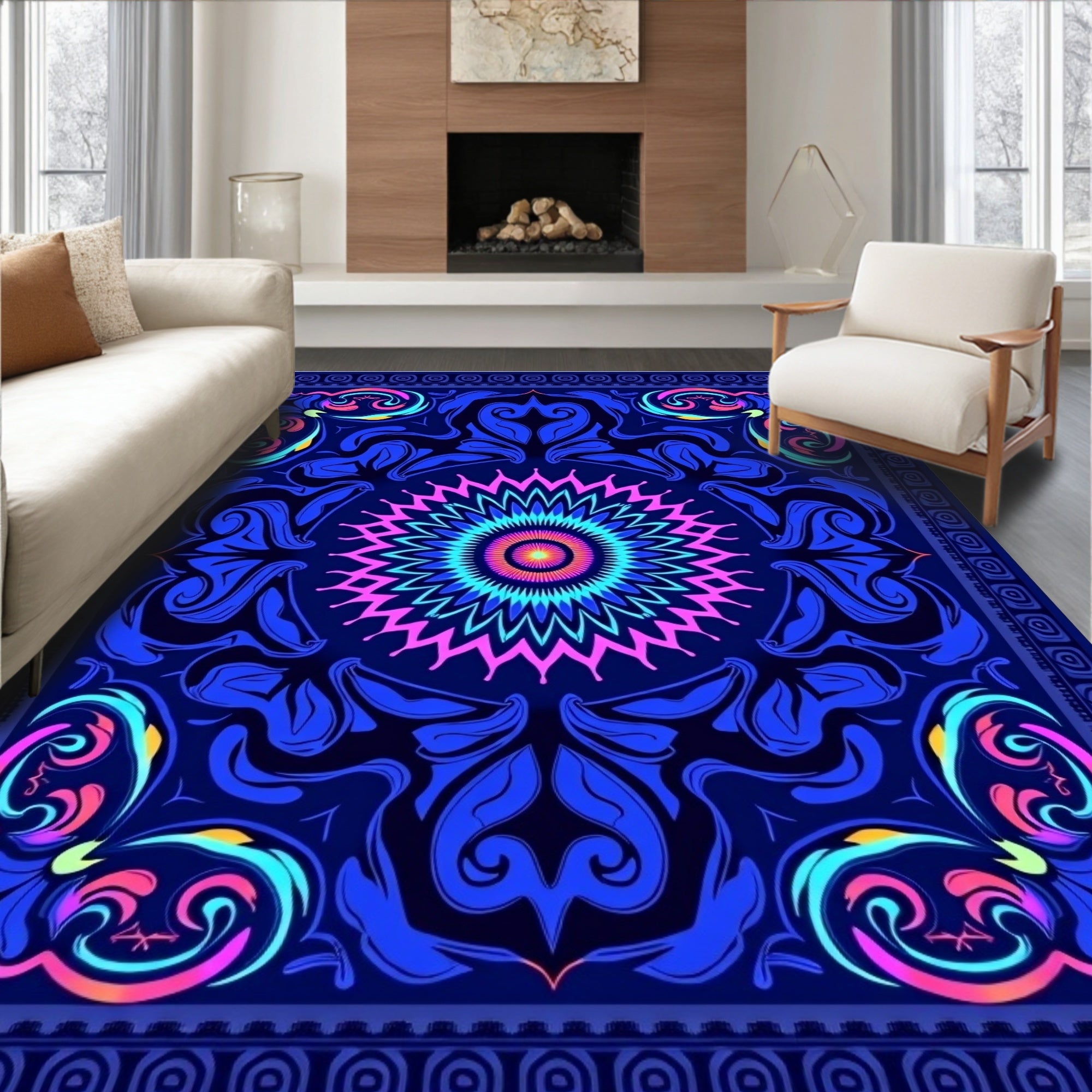 Vibrant Neon Blue Floral Mandala Rug