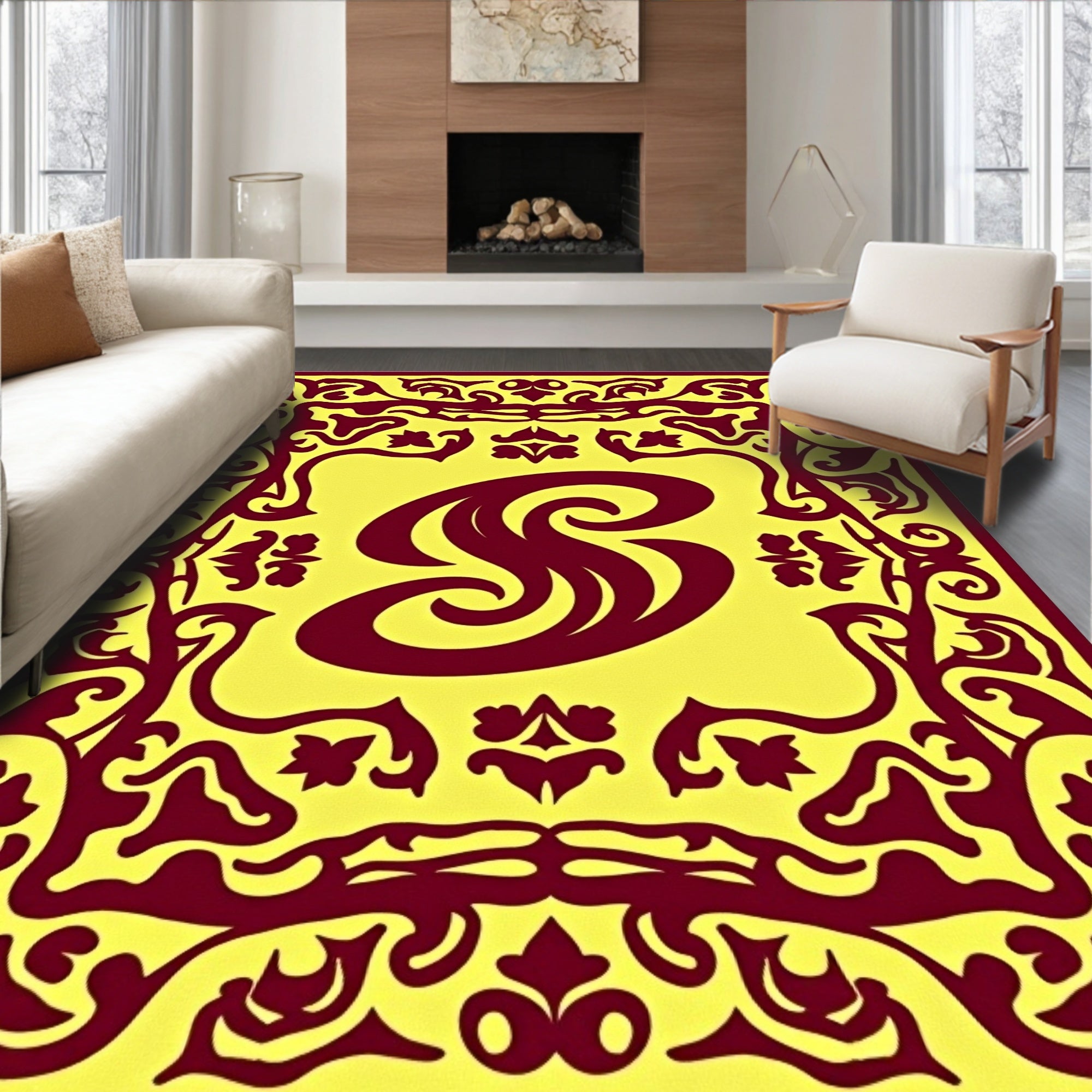 Burgundy Swirl Floral Border Rug