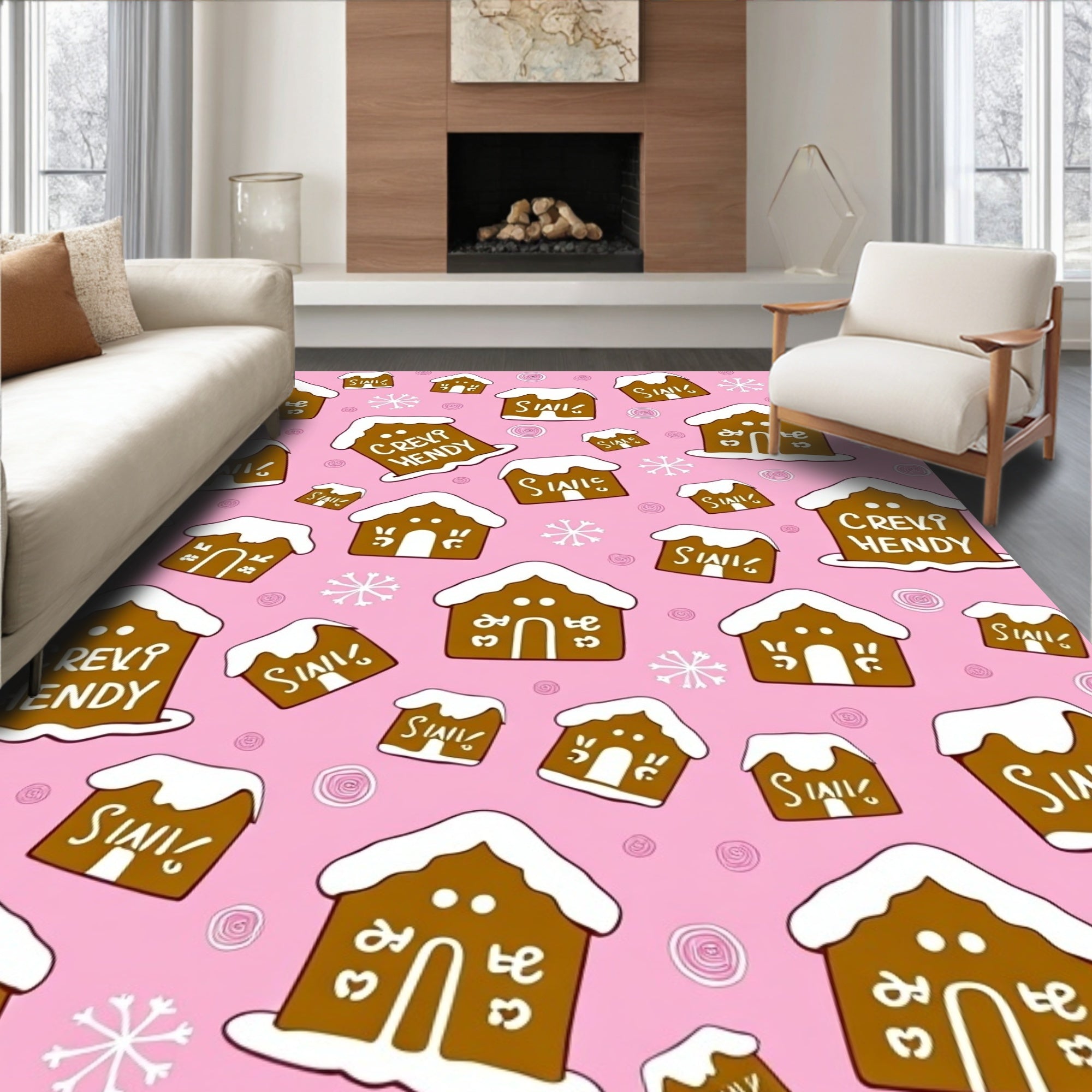 Pink Gingerbread Houses Snowflake Garden Rug