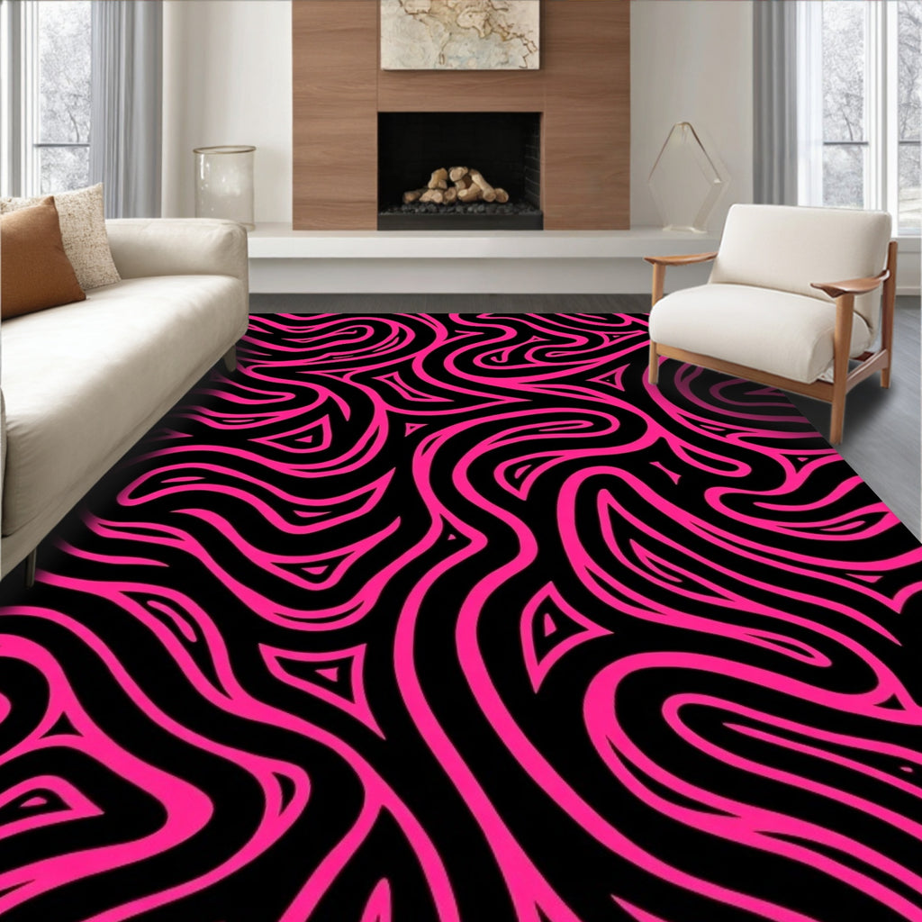 Hot Pink Swirl Black Abstract Rug