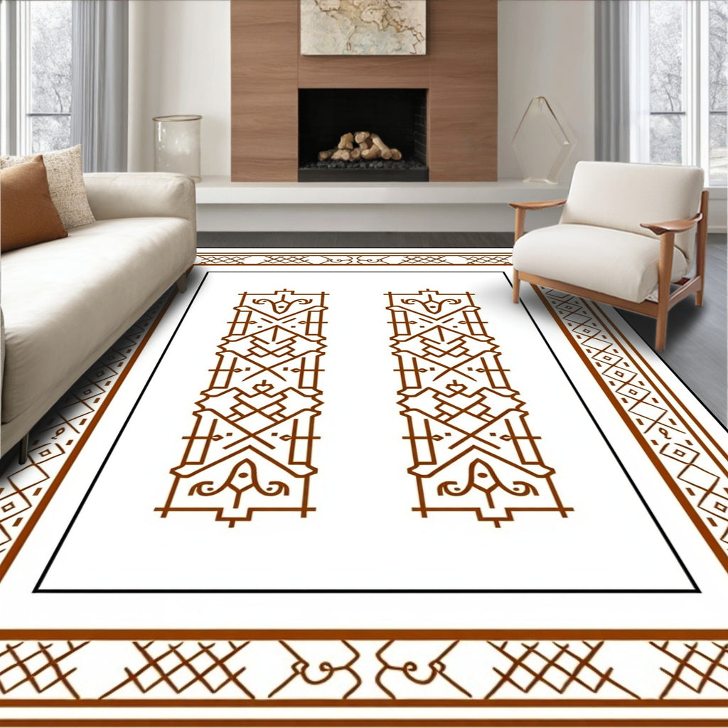 Brown Double Column Geometric Border Rug