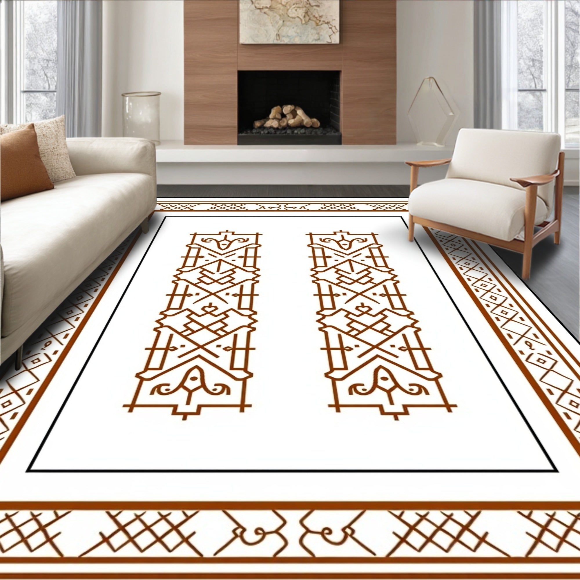 Brown Double Column Geometric Border Rug