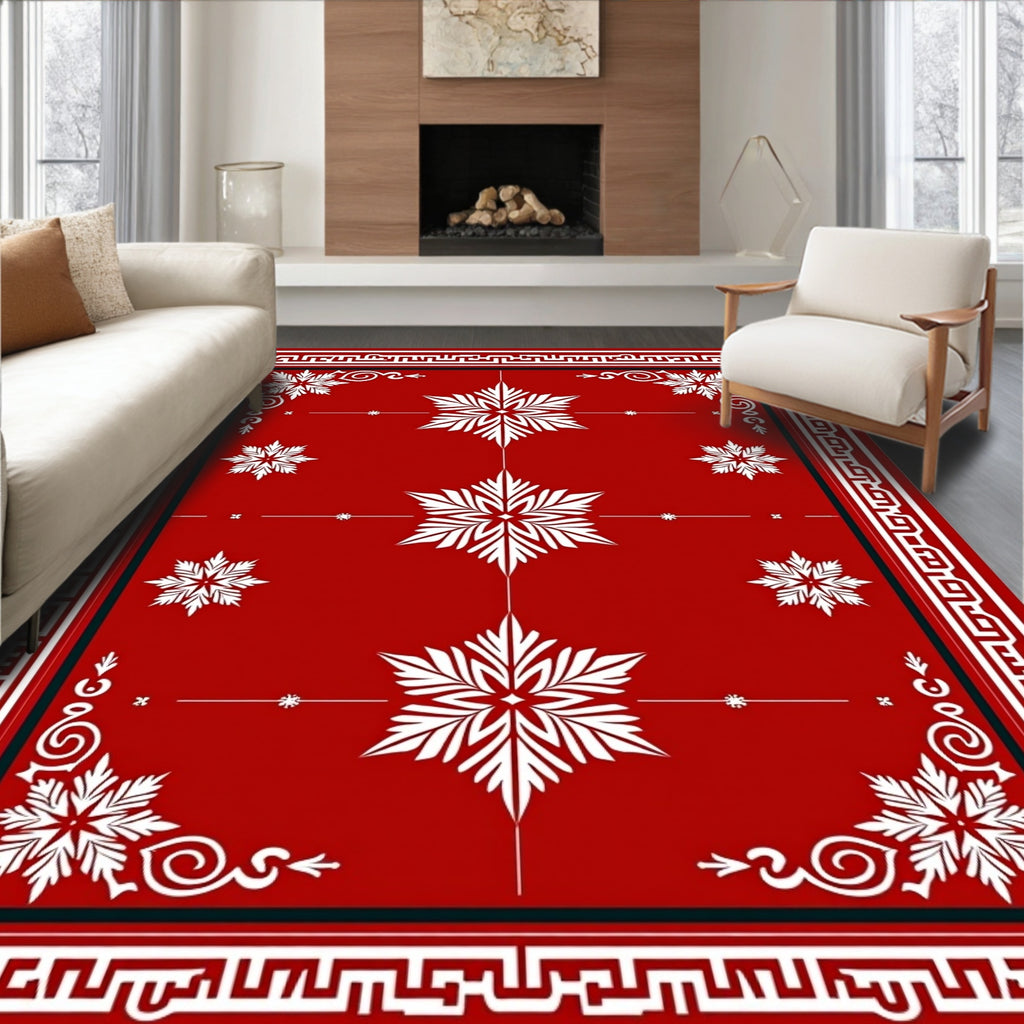 Crimson Floral Snowflake Medallion Border Rug