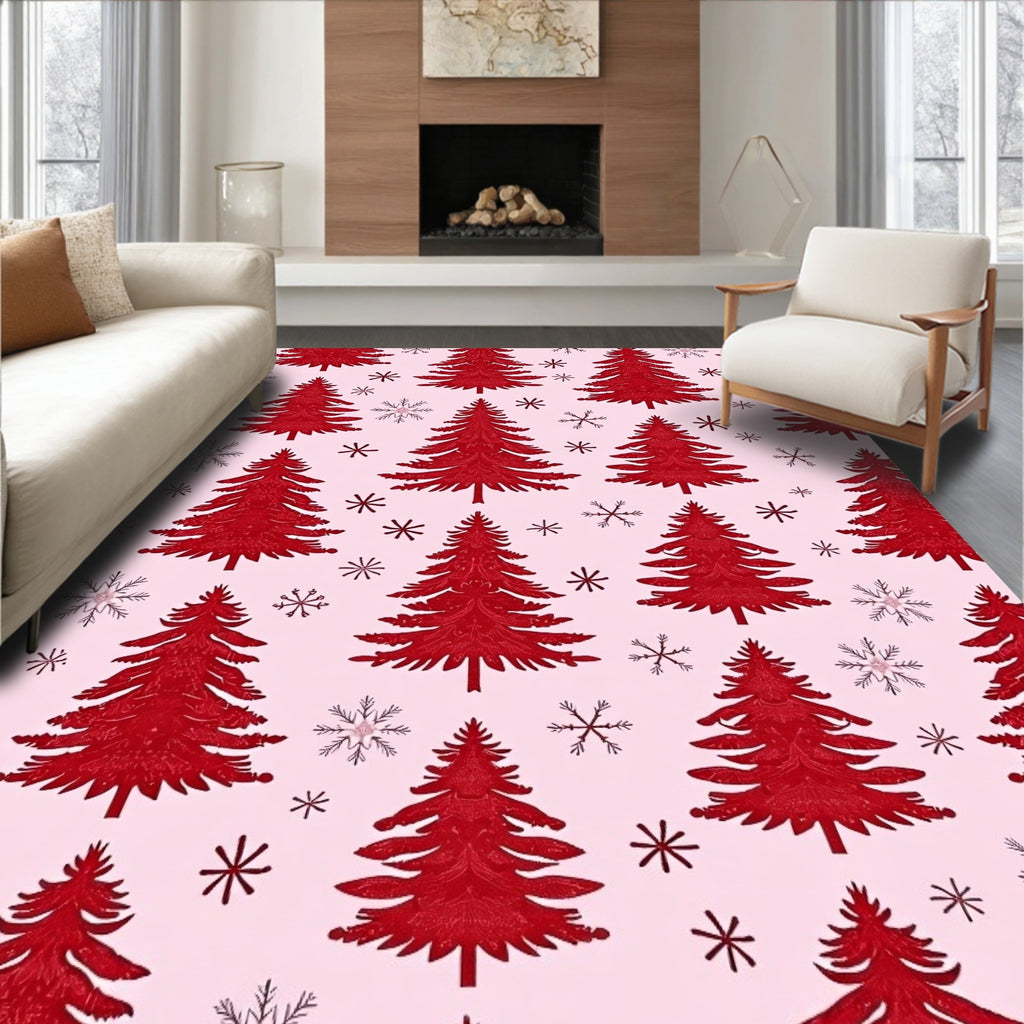 Crimson Christmas Trees Snowflake Arrangement Rug