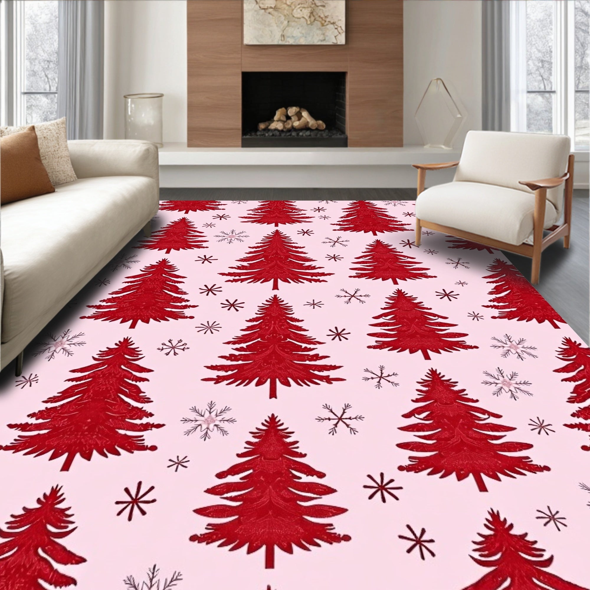 Crimson Christmas Trees Snowflake Arrangement Rug