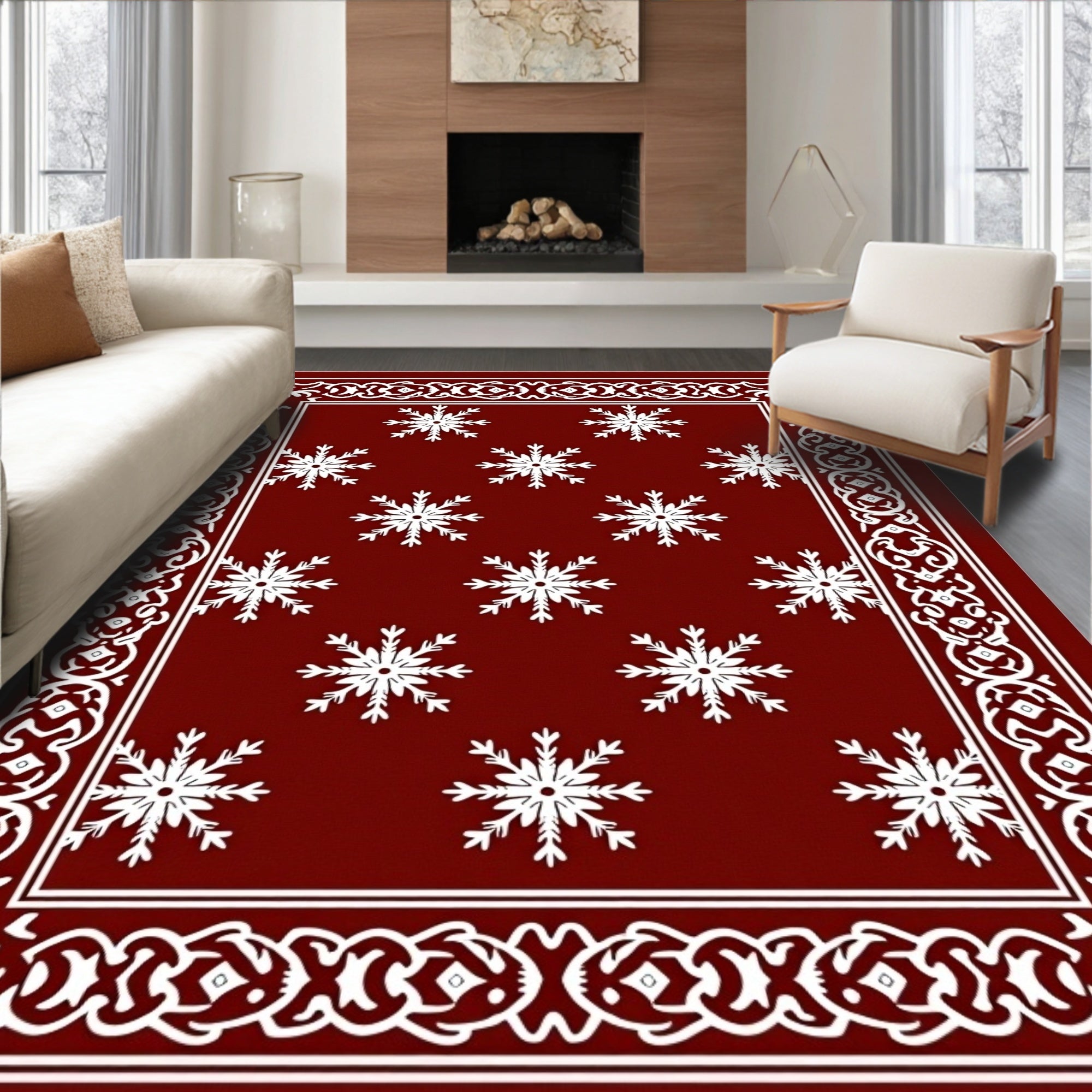 Crimson Snowflake Decorative Border Rug