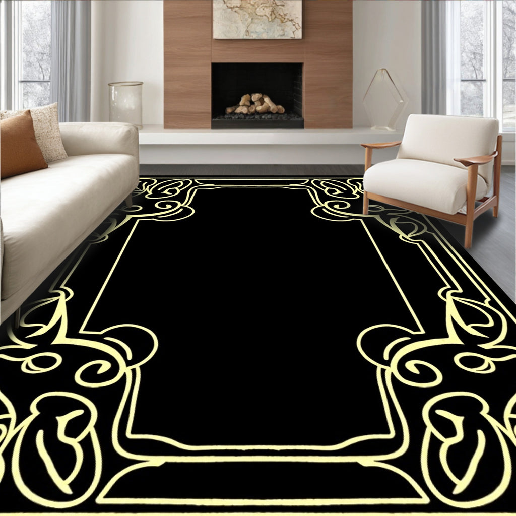 Golden Black Ornate Floral Border Rug