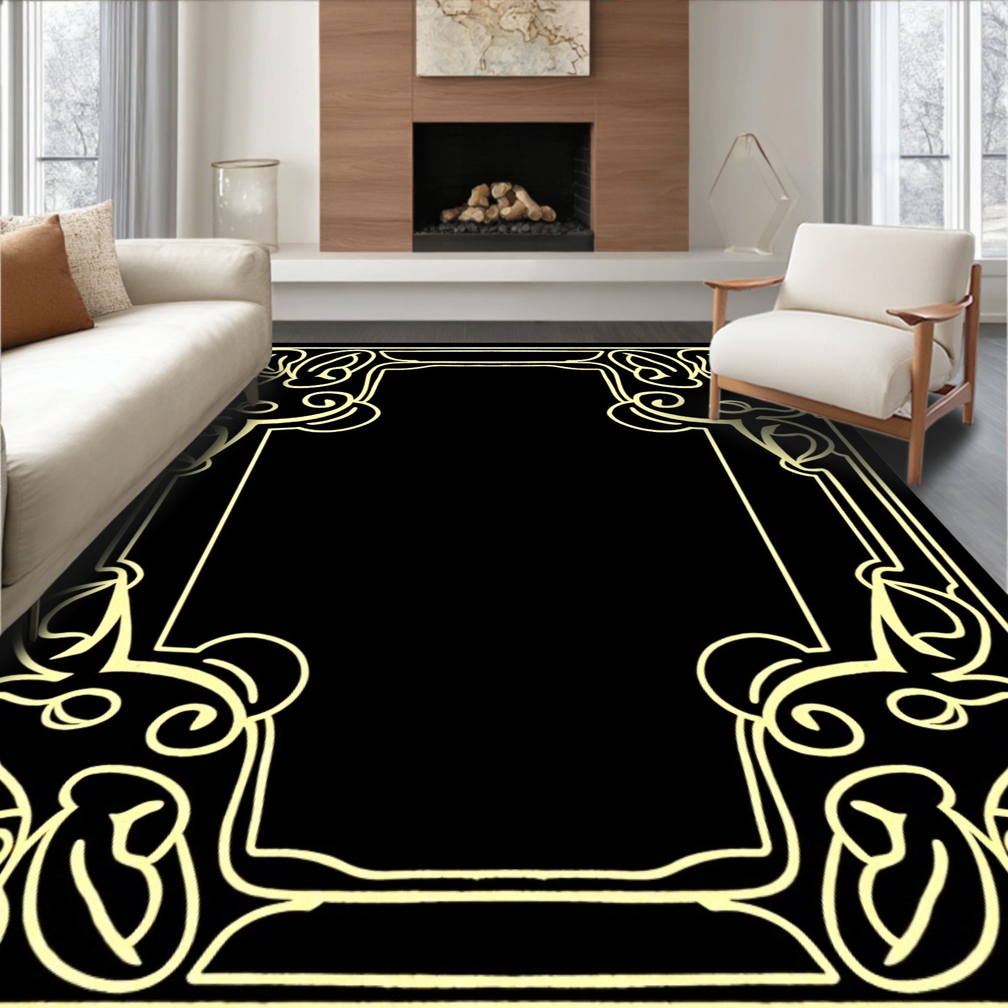 Golden Black Ornate Floral Border Rug