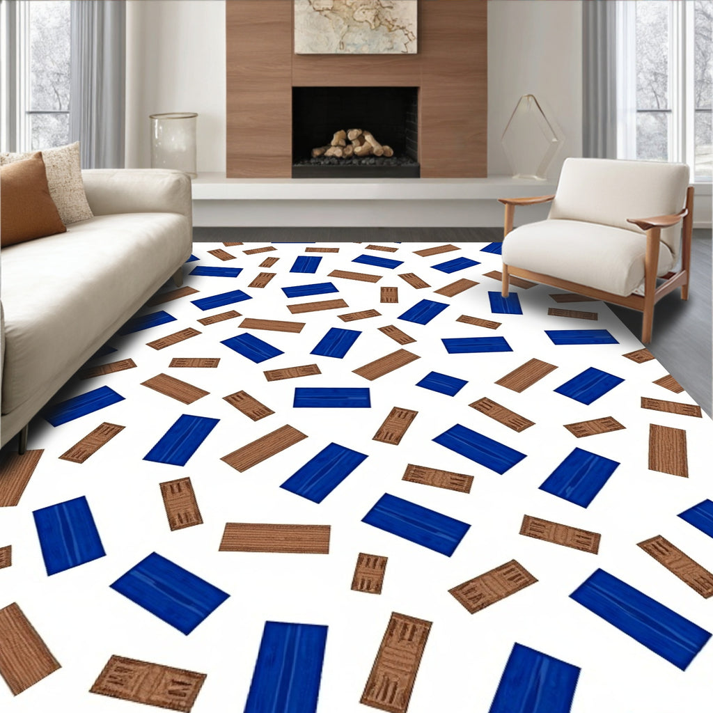 Deep Blue Brown Rectangular Collage Rug