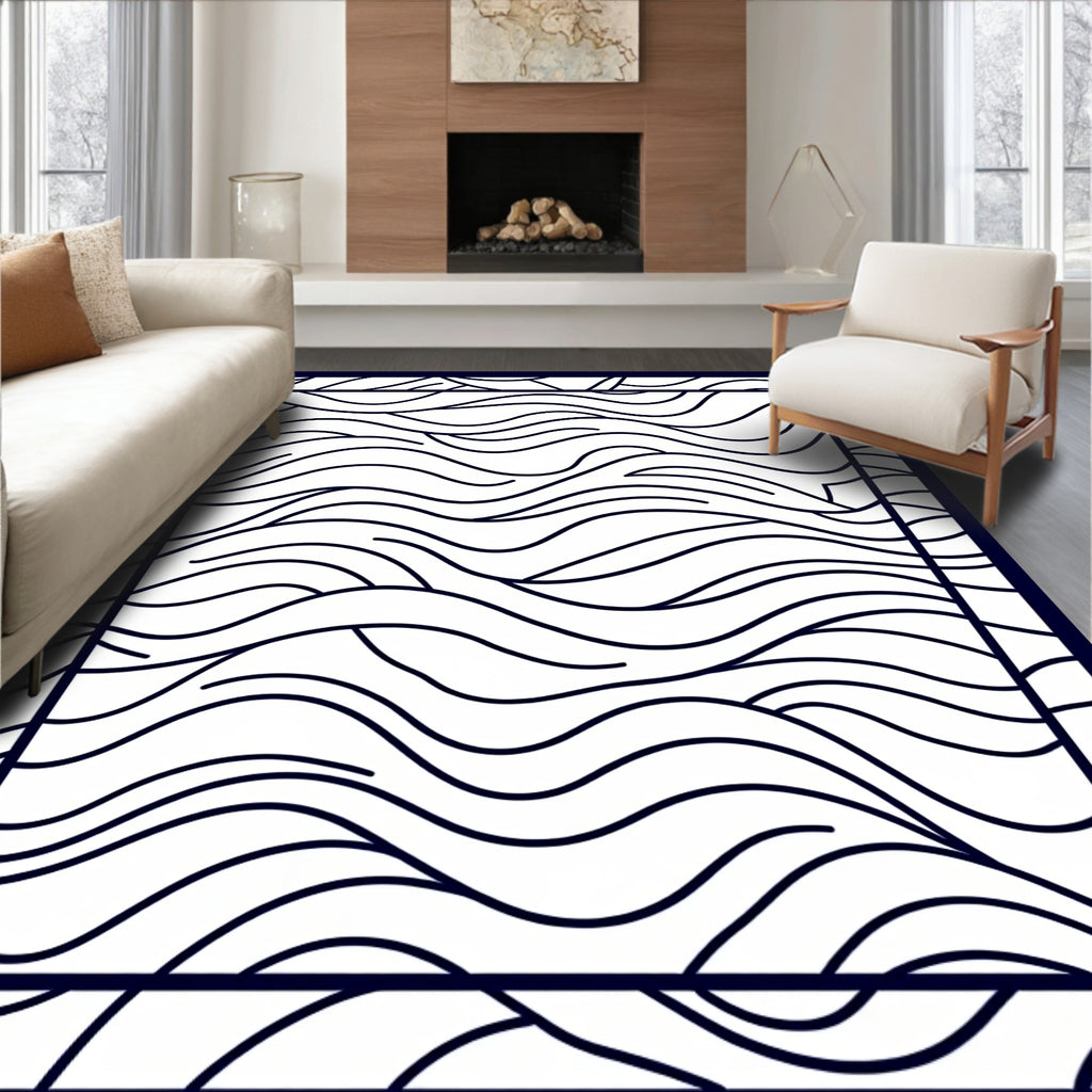 Dark Blue Flowing Wave Lines Rug
