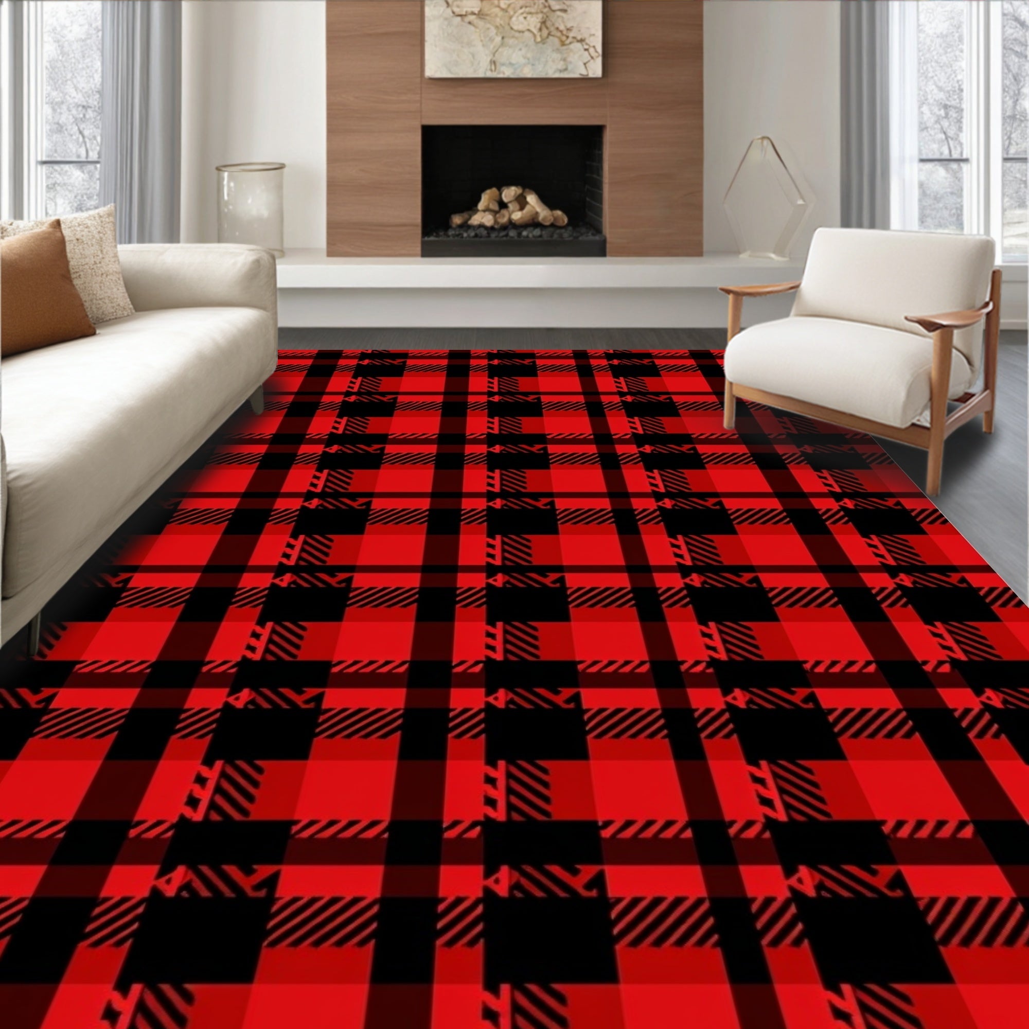 Bold Red Black Plaid Checkered Rug