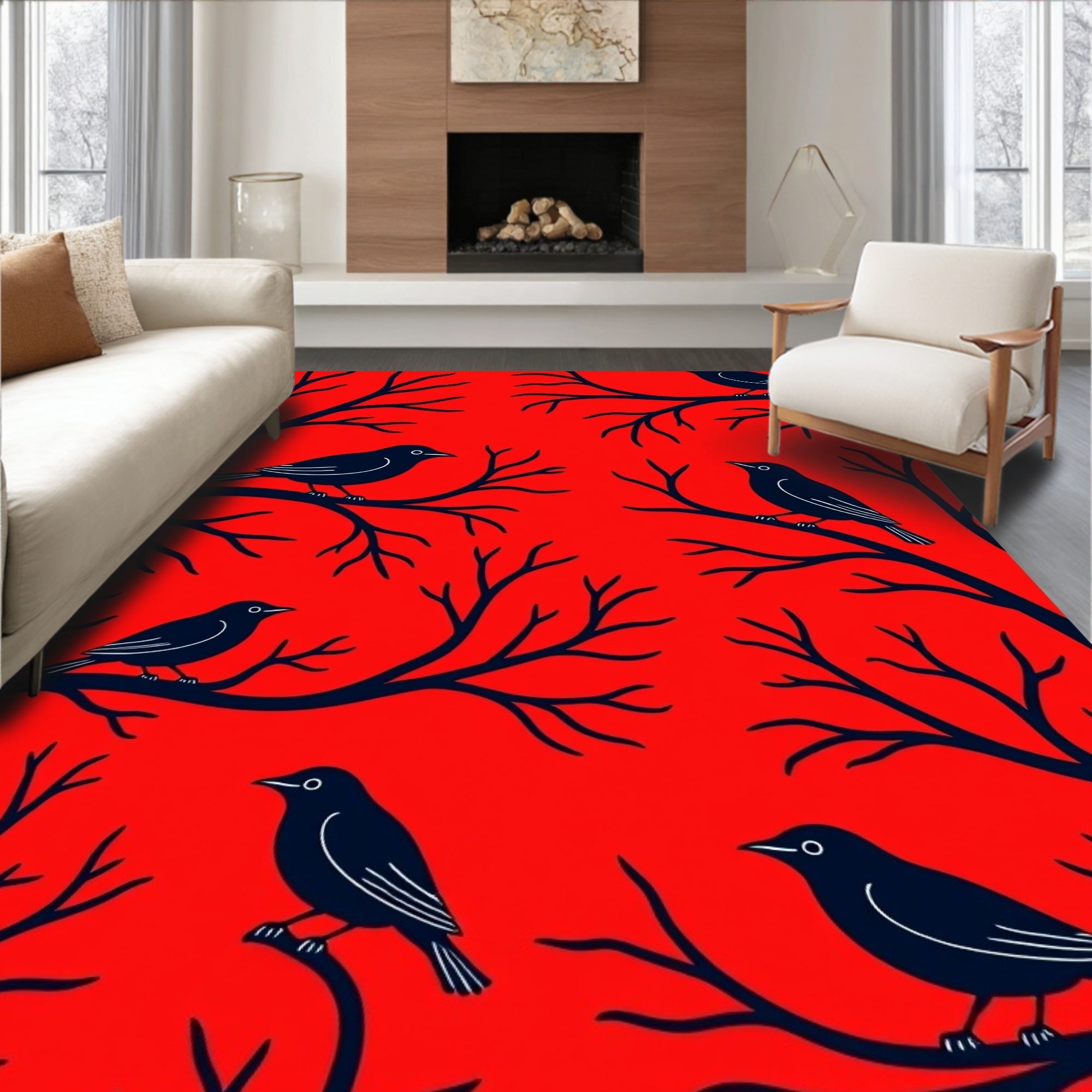 Crimson Red Black Bird Branches Rug
