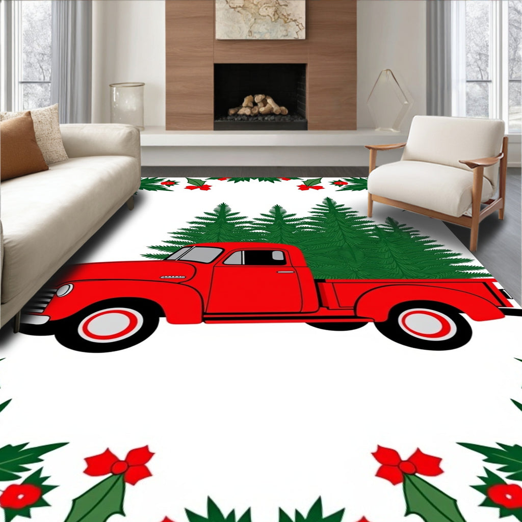 Red Vintage Truck Christmas Trees Holly Border Rug