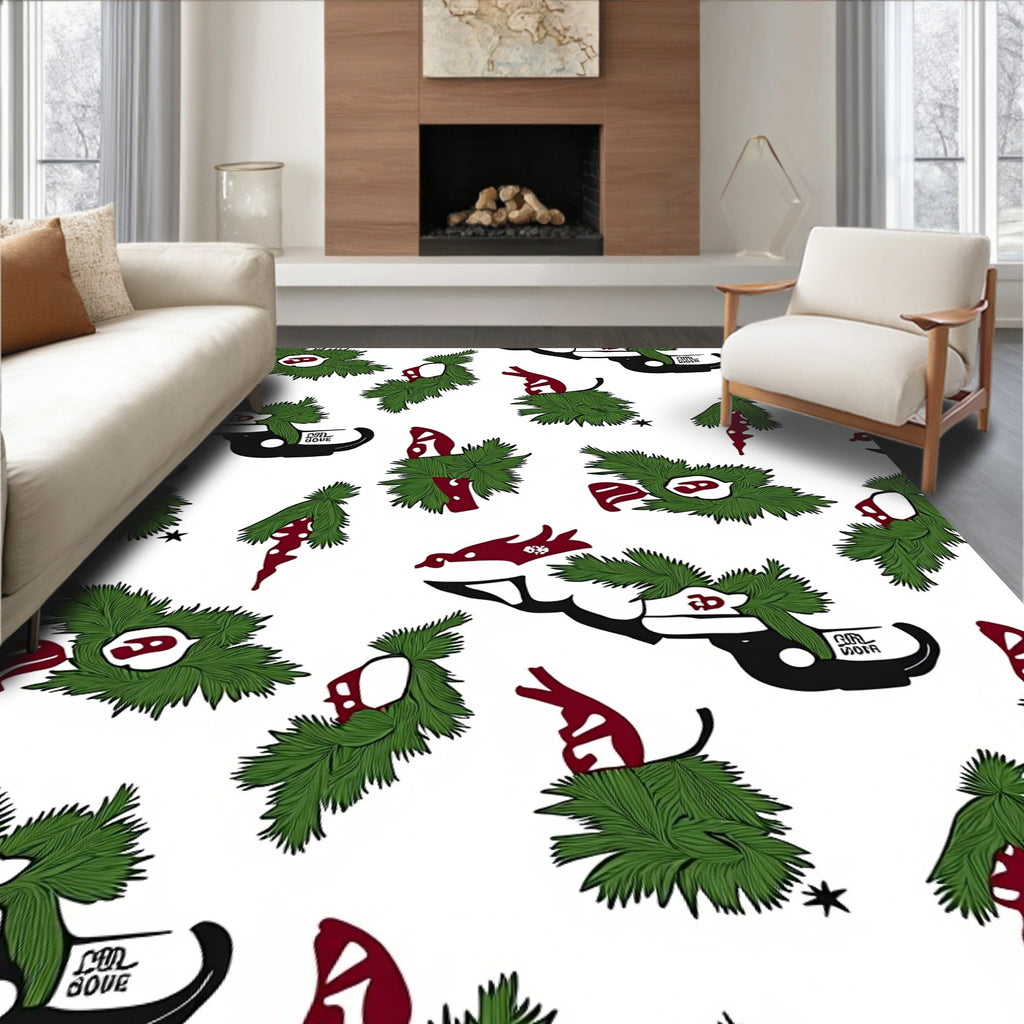 Festive Red Green Foliage Illustration Rug