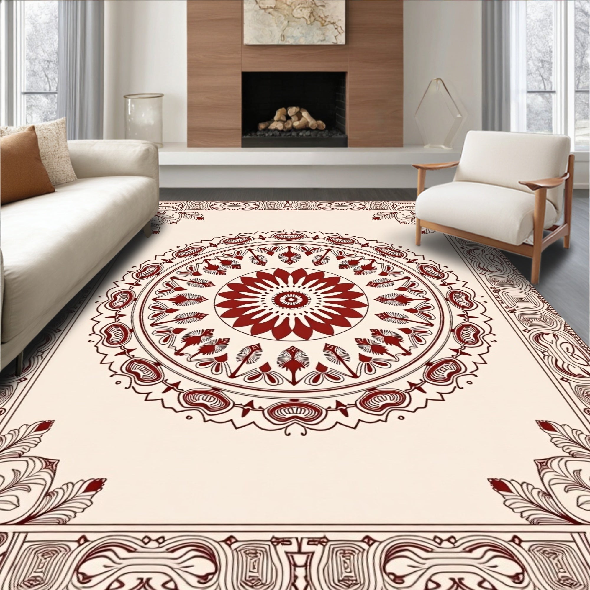 Crimson Sunburst Central Ornament Border Rug