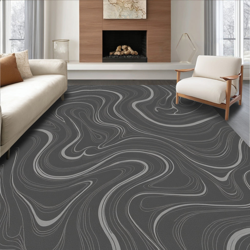 Charcoal Gray Swirling Marble Texture Rug