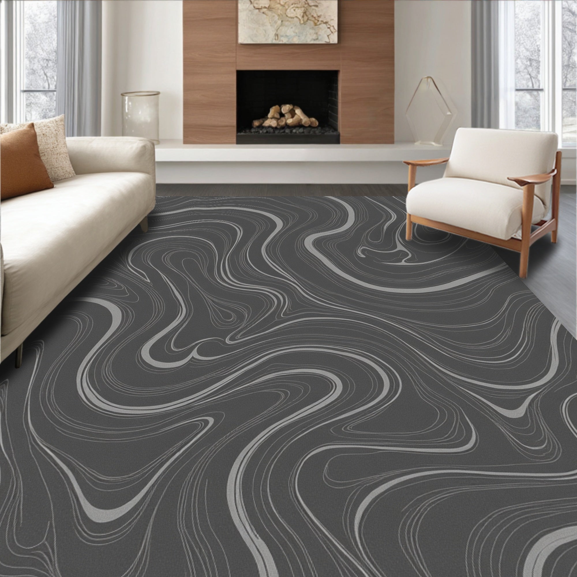 Charcoal Gray Swirling Marble Texture Rug