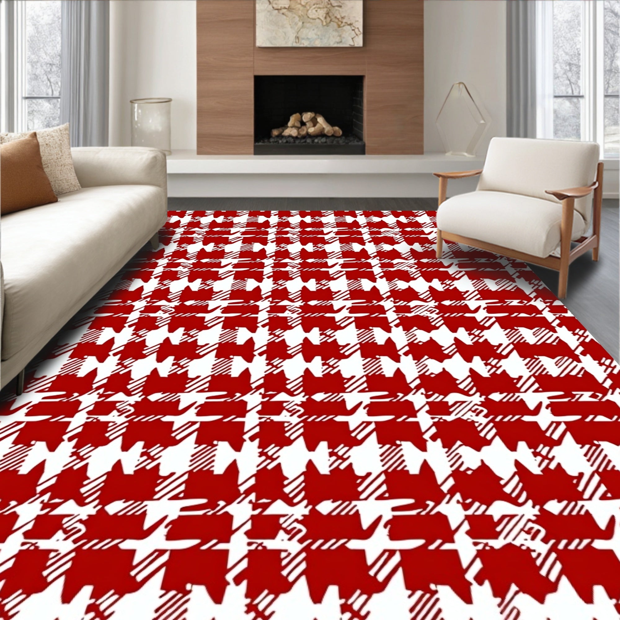 Classic Red Houndstooth Checkered Rug
