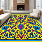 Vibrant Yellow Blue Pink Floral Medallion Rug